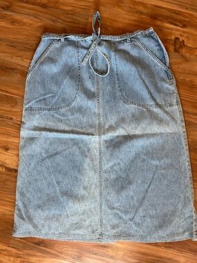 Vintage Light Wash Denim Midi Skirt Tie Waist Country Chic Size 12P